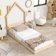 thumbnail image 2 of SYNGAR Twin Size Bed Frame with House-Shape Headboard, Wooden Bed Frame Twin with Guardrail for Kis and Adults, Modern Bed Frame Twin Size with 7 Wood Slat,No Box Spring Needed, Oak Color, 2 of 13