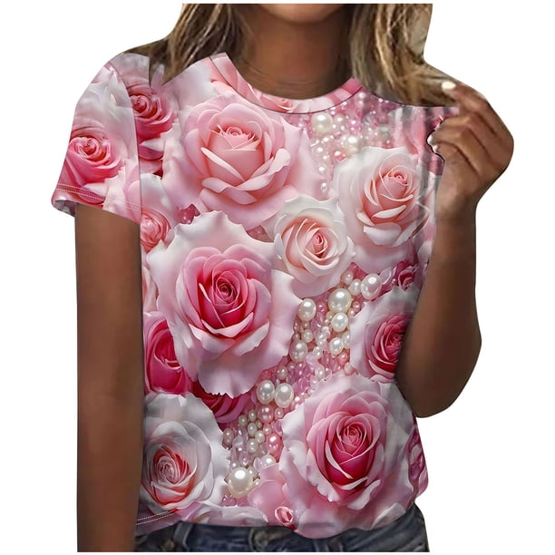 Mujeres Pantalones Cortos, Moda Impresa Manga Corta Cuello Redondo Camiseta Blusa, Top de Lentejuelas Casual