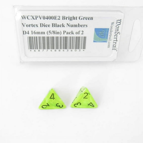 Bright Green Vortex Dice with Black Numbers D4 Aprox 16mm (5/8in) Pack of 2 Wondertrail