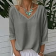 thumbnail image 2 of Vestidos Casuales Para Mujer, Blusas De Mujer De Moda Camiseta informal de lino liso con cuello en V para mujer, manga larga y cuello redondo, holgada, 2 of 7