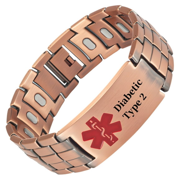Wollet 8.66'' Pure Copper Medical Alert Bracelets for Men, Health Magnetic Jewelry, Copper ID Bracelets, Gift for Dad, Husband, Pre-Engraved Diabetic Type 2