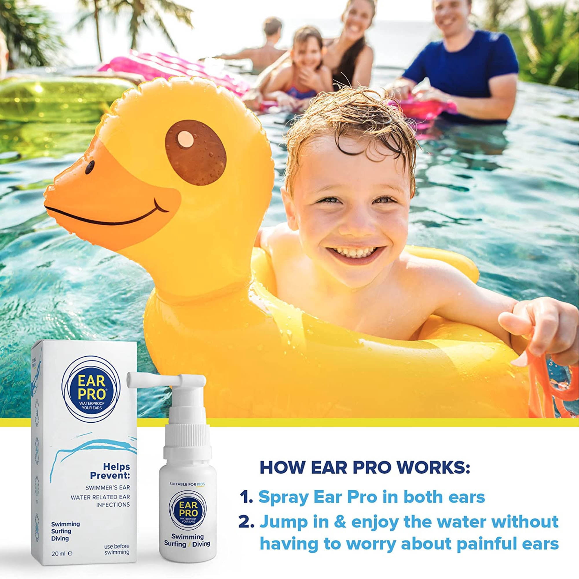 Ear Pro Swimmers Ear Spray for Kids and Adults, All Natural Protection from Trapped Water