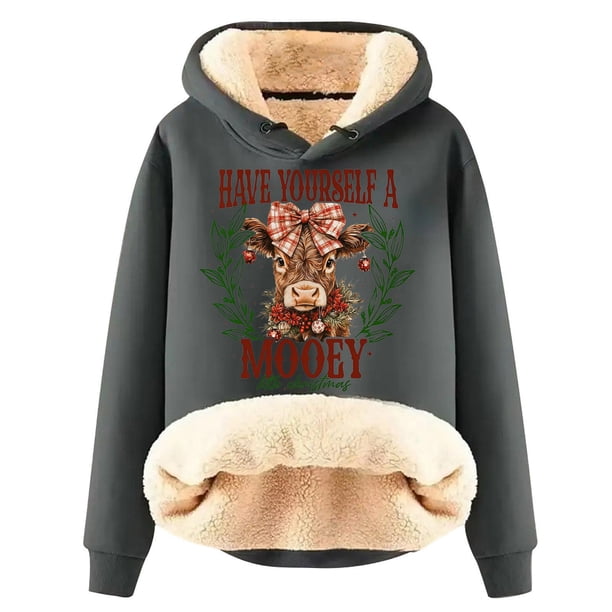 WILLBEST Sudadera con Capucha para Mujer Have Yourself A Mooey Little Christmas, Sudadera con Capucha de Terciopelo Grueso, Cálida y Holgada Grande