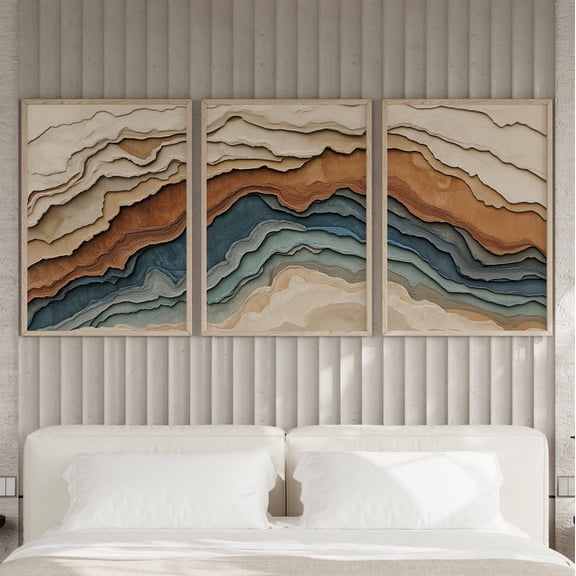 Luvia Neutral Geological Layered Abstract 3 Piece Set Wall Art Poster Or Print, Earth Tones And Blue Wave Print Set, Minimalist Modern Art, Modern Wall Decor Set 3 Prints 8x12 UNFRAMED