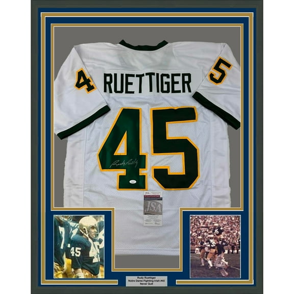 Framed Autographed/Signed Rudy Ruettiger 35x39 Notre Dame White/Green College Football Jersey JSA COA