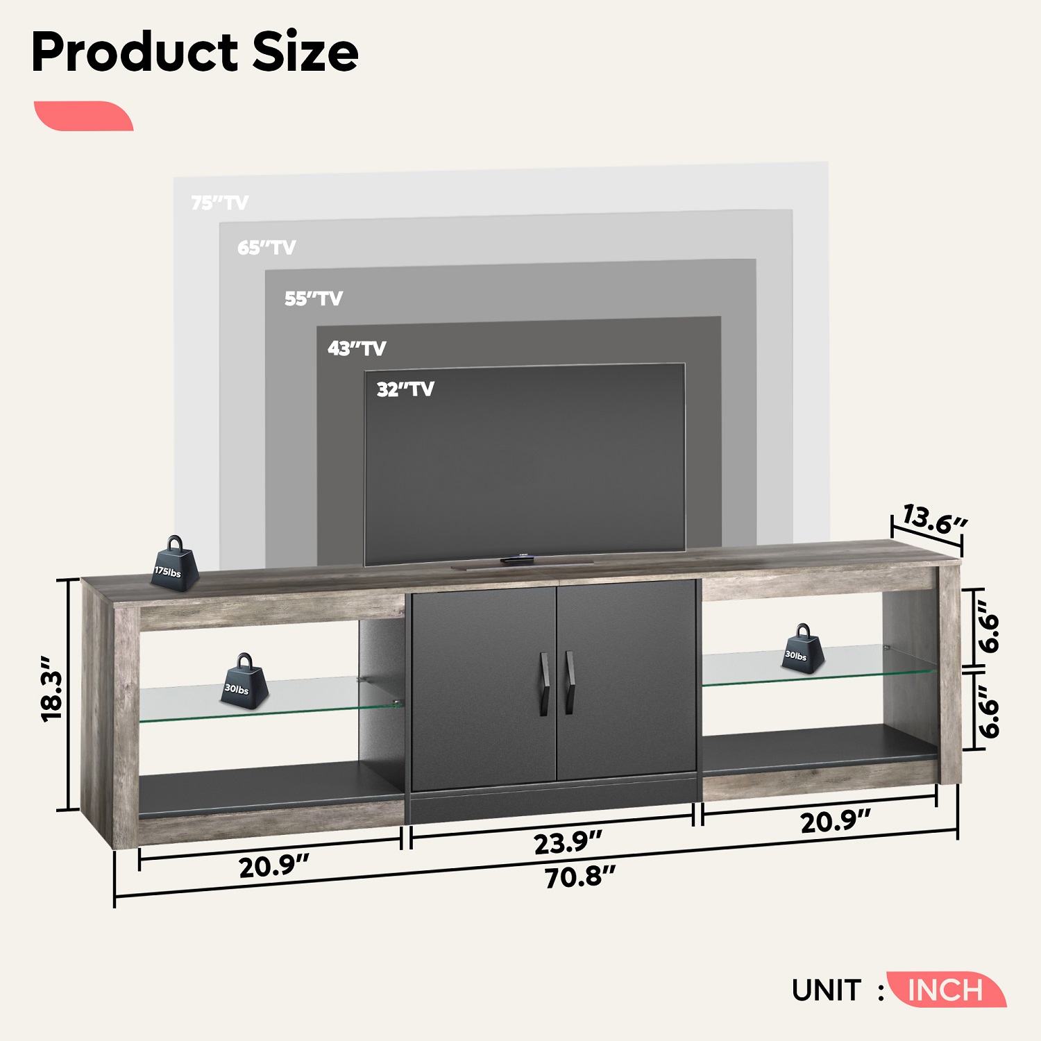 Bestier 70" TV Stand with LED Lights, Wash Grey photo 7