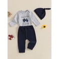 thumbnail image 5 of Baby Toddler Boys Spring Outfits 1 3 6 Months Letter Tractors Embroidery Long Sleeve Rompers Pants Hat 3Pcs Clothes Set, 5 of 9
