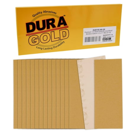 

Dura-Gold Premium Sandpaper - 80 Grit - 1/2 Sheet Size Wood Workers Gold 4-1/2 x 11 with Hook & Loop Backing - Box of 16 Sheets - Hand Sand Block Sanding Use on Sander Tools - Woodworking Auto