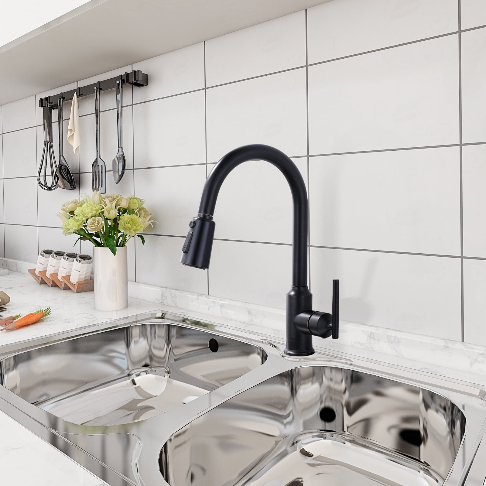 WOWOW Single Handle Kitchen Sink Faucet Oil Rubbed Bronze Kitchen Faucet with Pull Down Sprayer