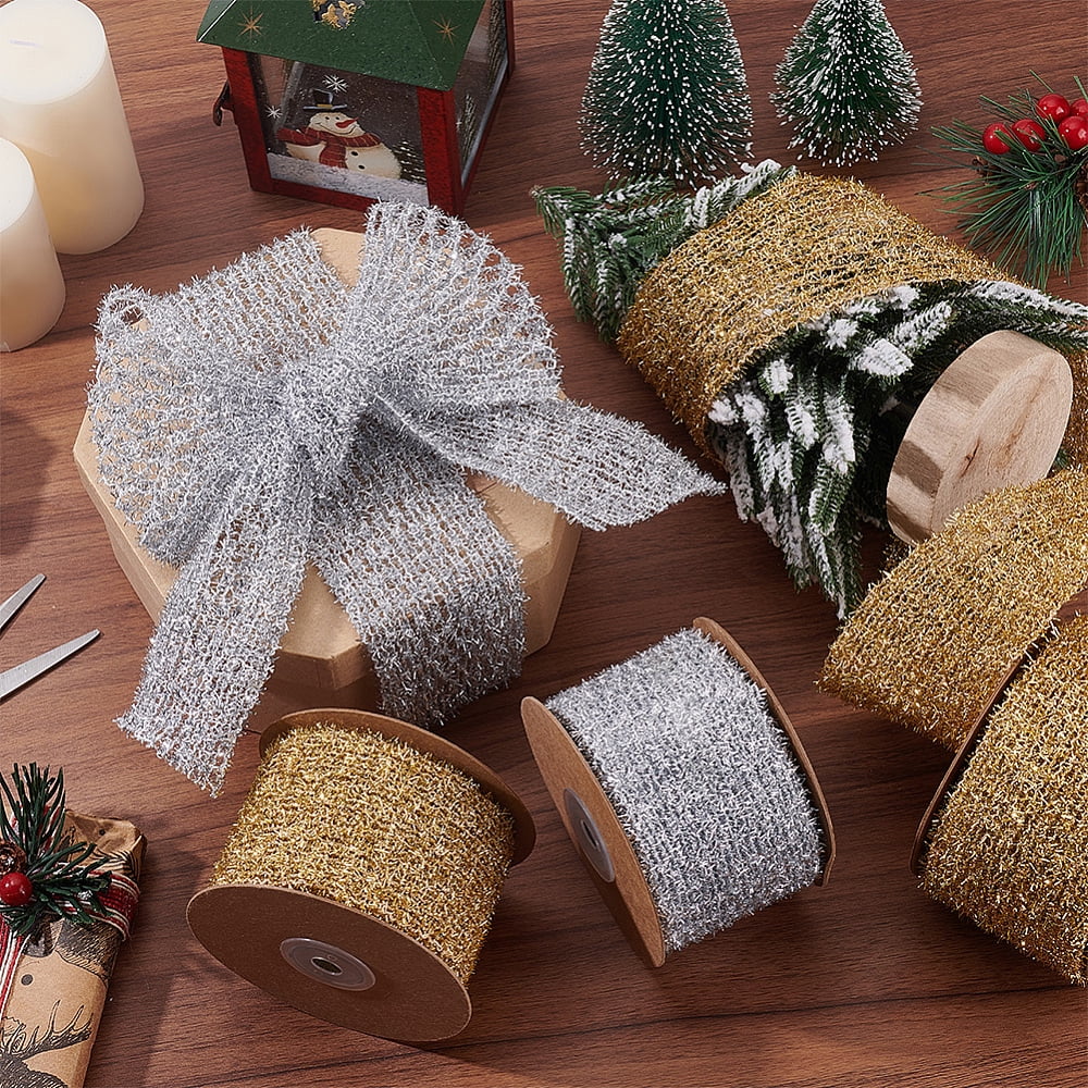 2 Rolls 10 Yards Silver Mesh Ribbon 2-1/4 Inch Sparkling Glitter Mesh Wired Ribbon Stretchable Glitter Christmas Ribbons