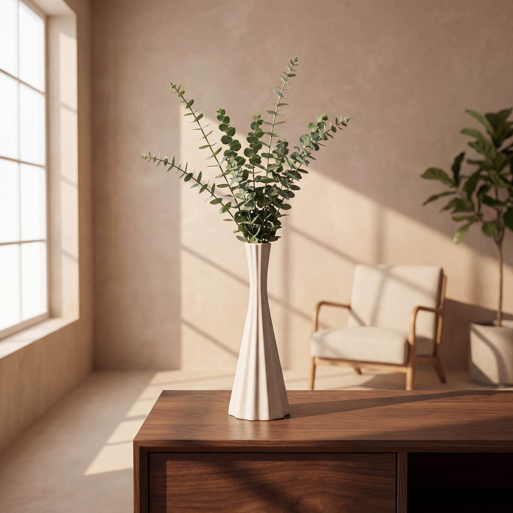Unique Bargains Ceramic Vase for Home Decor Tall Matte Flower Vase Ribbed Textured Beige