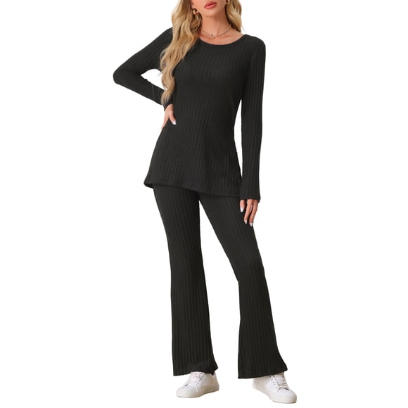 Conjunto de lounge de punto acanalado para mujer INSPIRE CHIC, con top de mangas largas y pantalones, juego de pijama de dos piezas a juego, XS negro