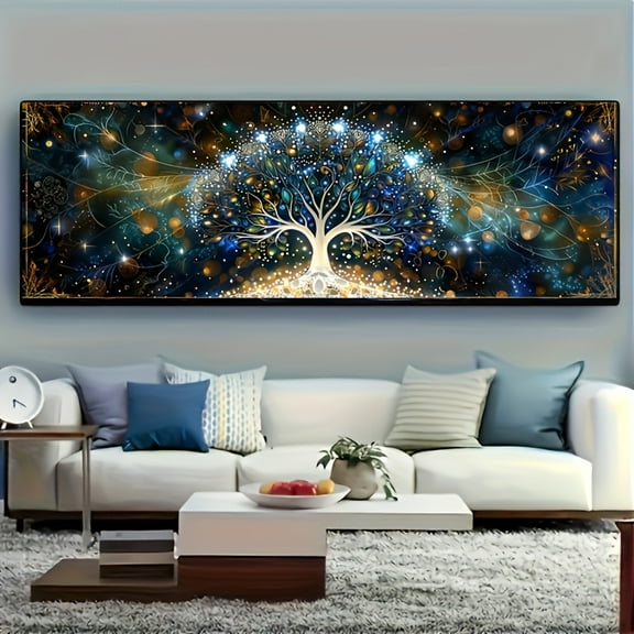 Tree of Life Canvas Print - Frameless Canvas with Distinctive Abstract Tree Design, Blue and Gold Sky Theme, Perfect for Living Room, Home Decor Style, Wall Decoration