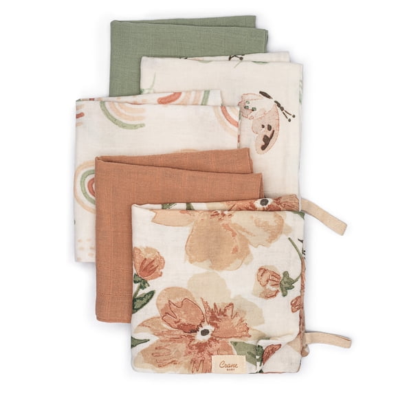 Crane Baby Wash Cloth Set, 100% Cotton Baby Washcloths, Set of 5 Baby Washcloths, Pink Floral Theme, Baby Washcloths For Newborn, Muslin Baby Washcloths, Newborn Baby Gift, Baby Registry Gift