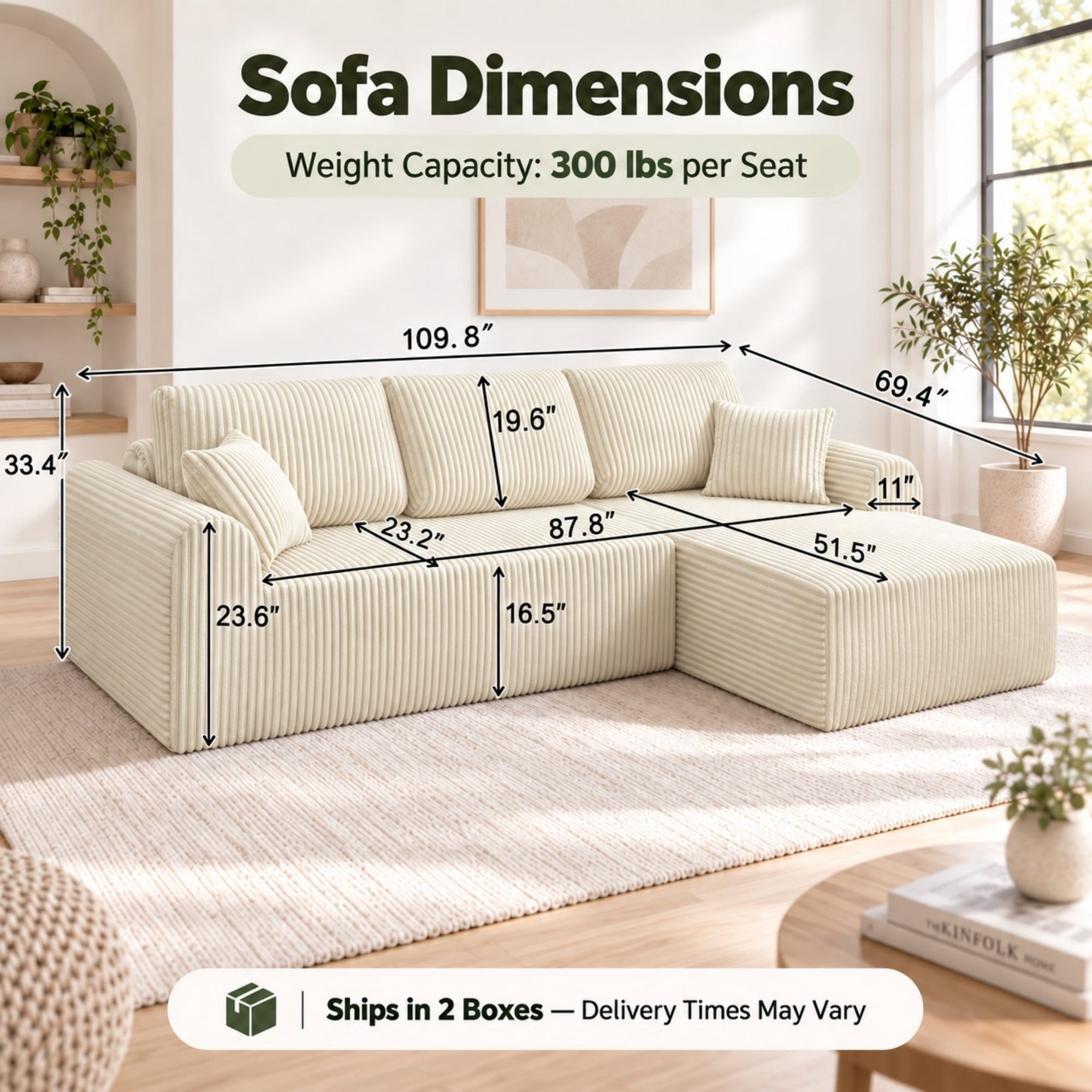 DEALTOPS 109" Corduroy L-Shape Floor Cloud Couch, Deep Seat Modular Sectional Sofa, Right Chaise, White