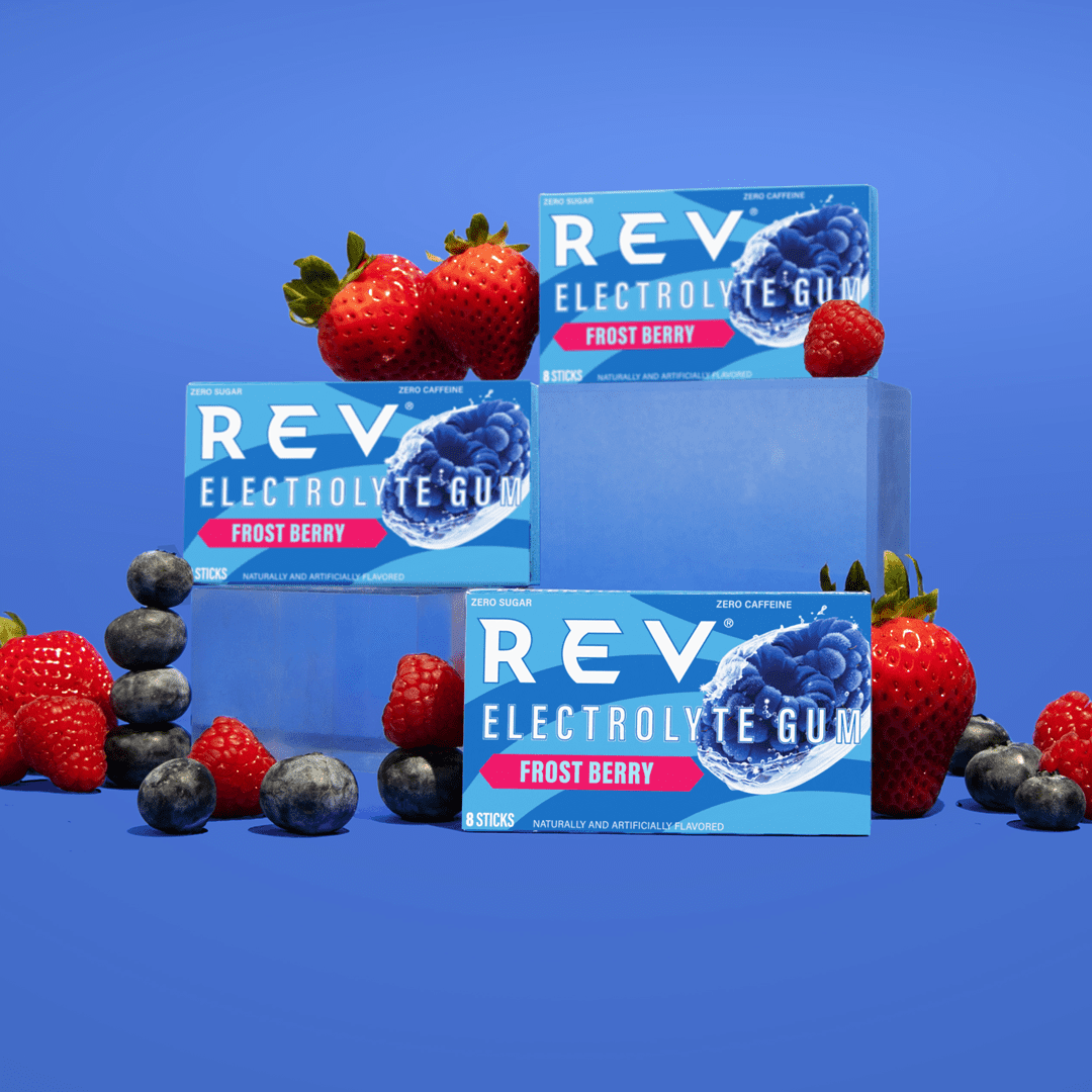 REV Electrolyte Gum, Frost Berry, Sugar-Free with Essential Electrolytes, 12 Count