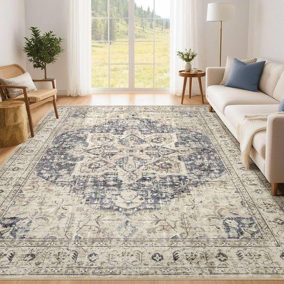Alfombra de Área Tortania Lavable 183x274 cm Vintage Oriental Crema Azul