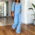 thumbnail image 3 of BRELIL Women Plus Size Summer V Neck Blouse Wide Leg Pants Two Piece Sets Casual Solid Boho Beach Vacation Travel Outfits Loungewear, Blue M, 3 of 7
