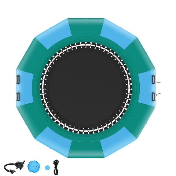 KFFKFF Water Bouncer Inflatable, Trampoline for Water Recreation, 12ft, Mobile Swim Bounce Platform with 3-Tier Ladder & Electric Inflation Device, Floating Jumping Mat for Children & Adults