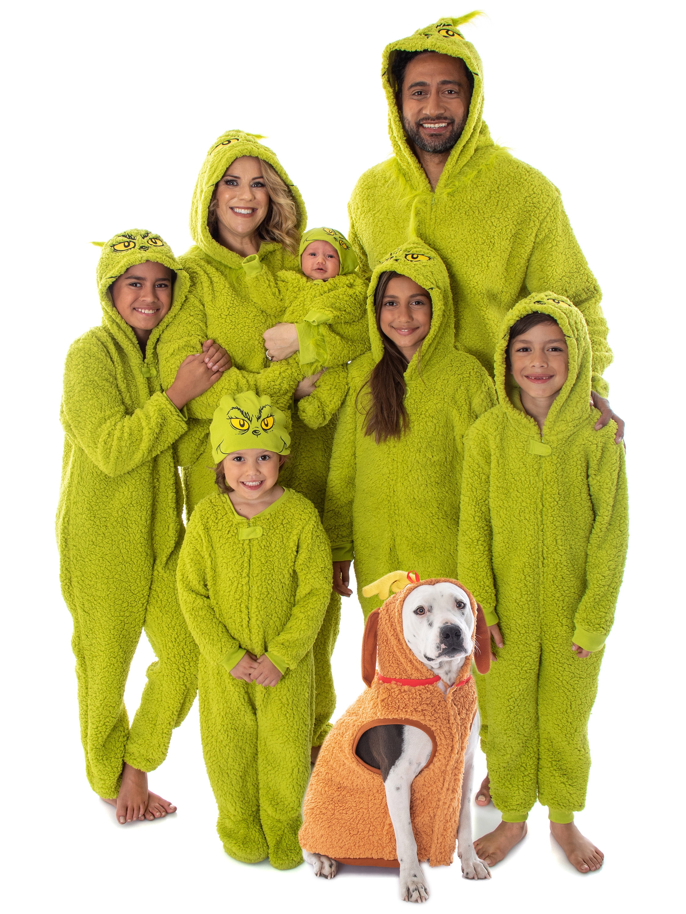 Dr Seuss Grinch Fleece Onesie Pajamas Matching Family Adult Kids Hooded Costume 