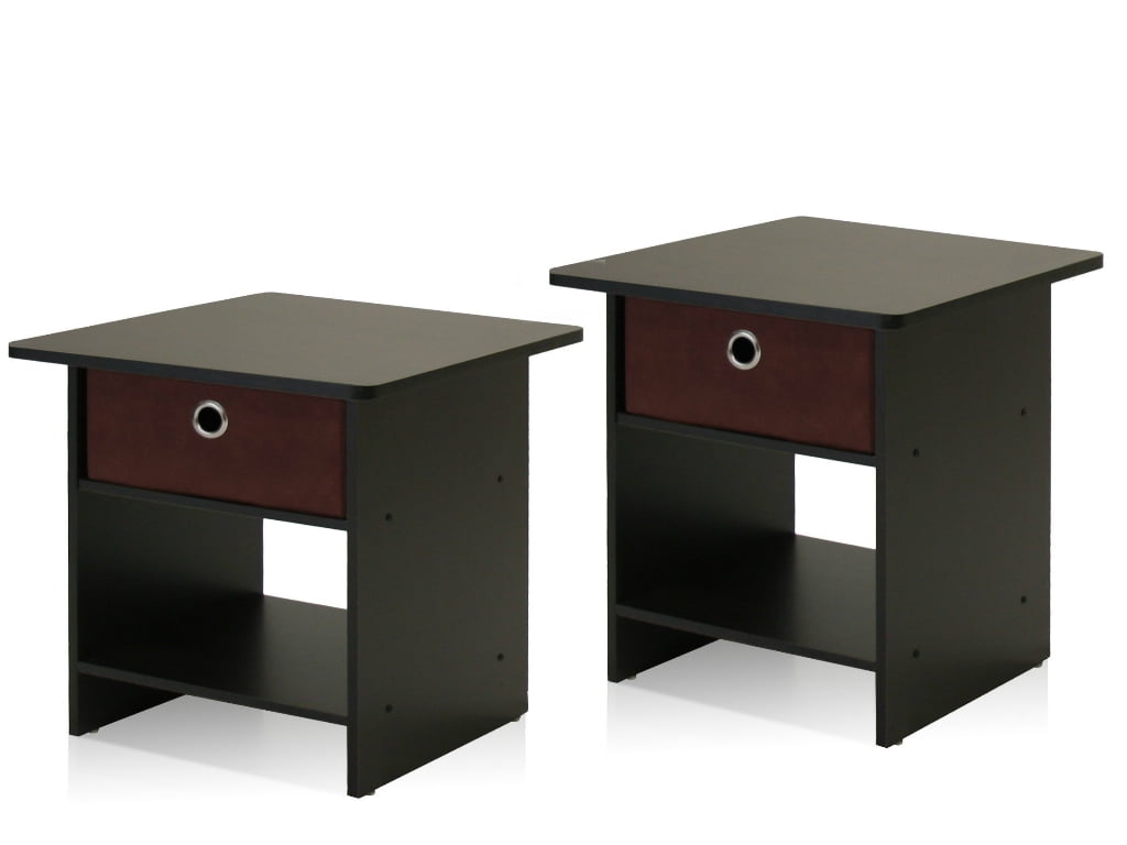 Furinno 10004ex Br End Table Night Stand Storage Shelf With Bin Drawer Dark Espresso Finish Set Of 2 Walmart Com Walmart Com