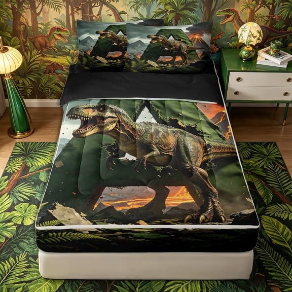 Metsweet Dino Green Letter A Zipper Twin Comforter Sets with Fitted Sheet and 2 Pillowcases, Volcano Tyrannosaurus Rex Zipper Bedding Set,Brown Orange,4-Piece,Black Reversible