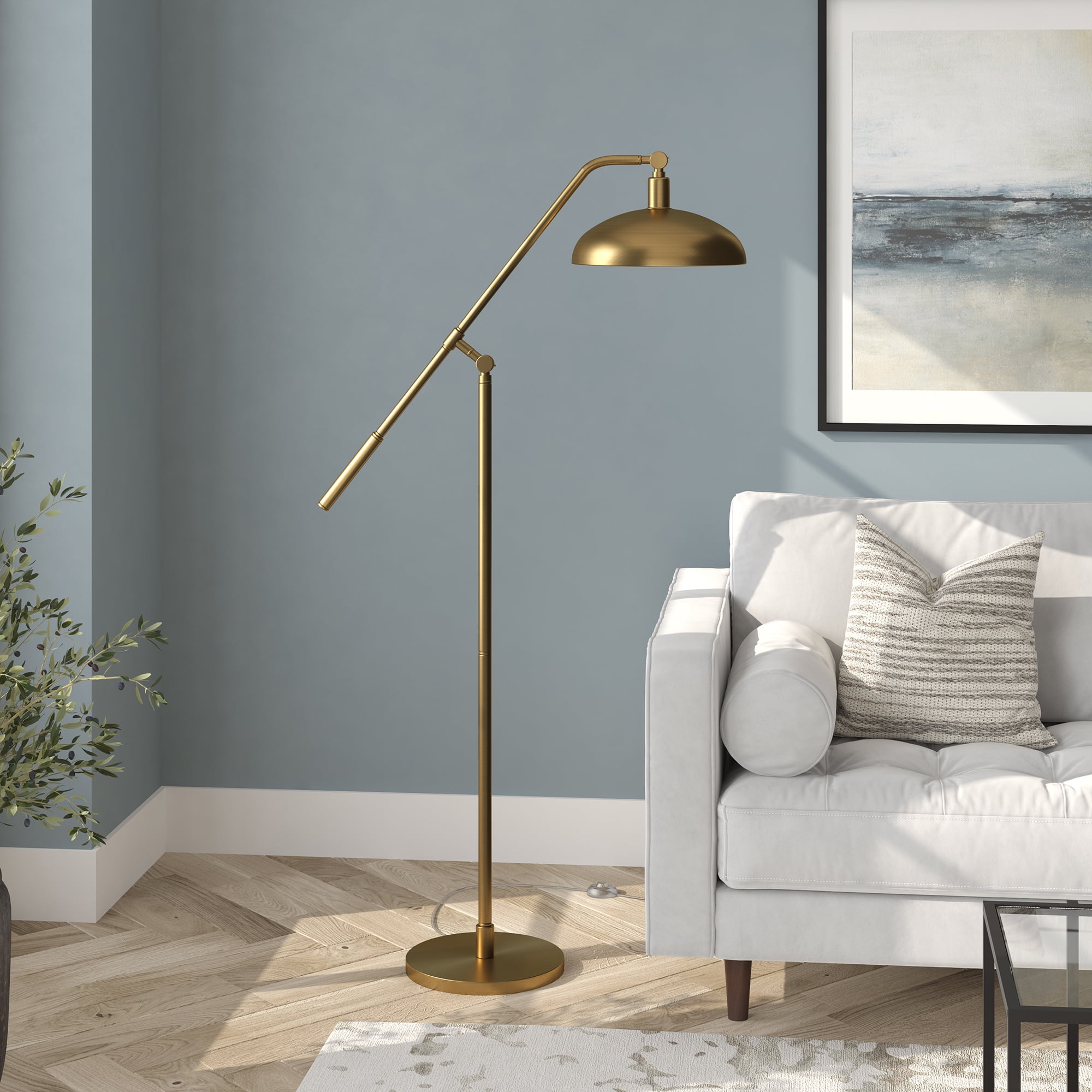 Evelyn&Zoe Devon Boom Arm Floor Lamp with Metal Shade, Brass/Brass