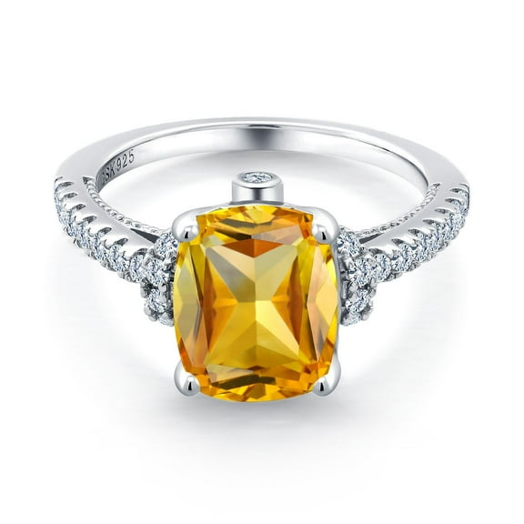 Gem Stone King 3.25 Cttw Yellow Citrine and White Created Sapphire Ring for Women | 925 Sterling Silver | Cushion 10X8MM | Gemstone Birthstone | Wedding Engagement Anniversary Promise Ring| Size 5