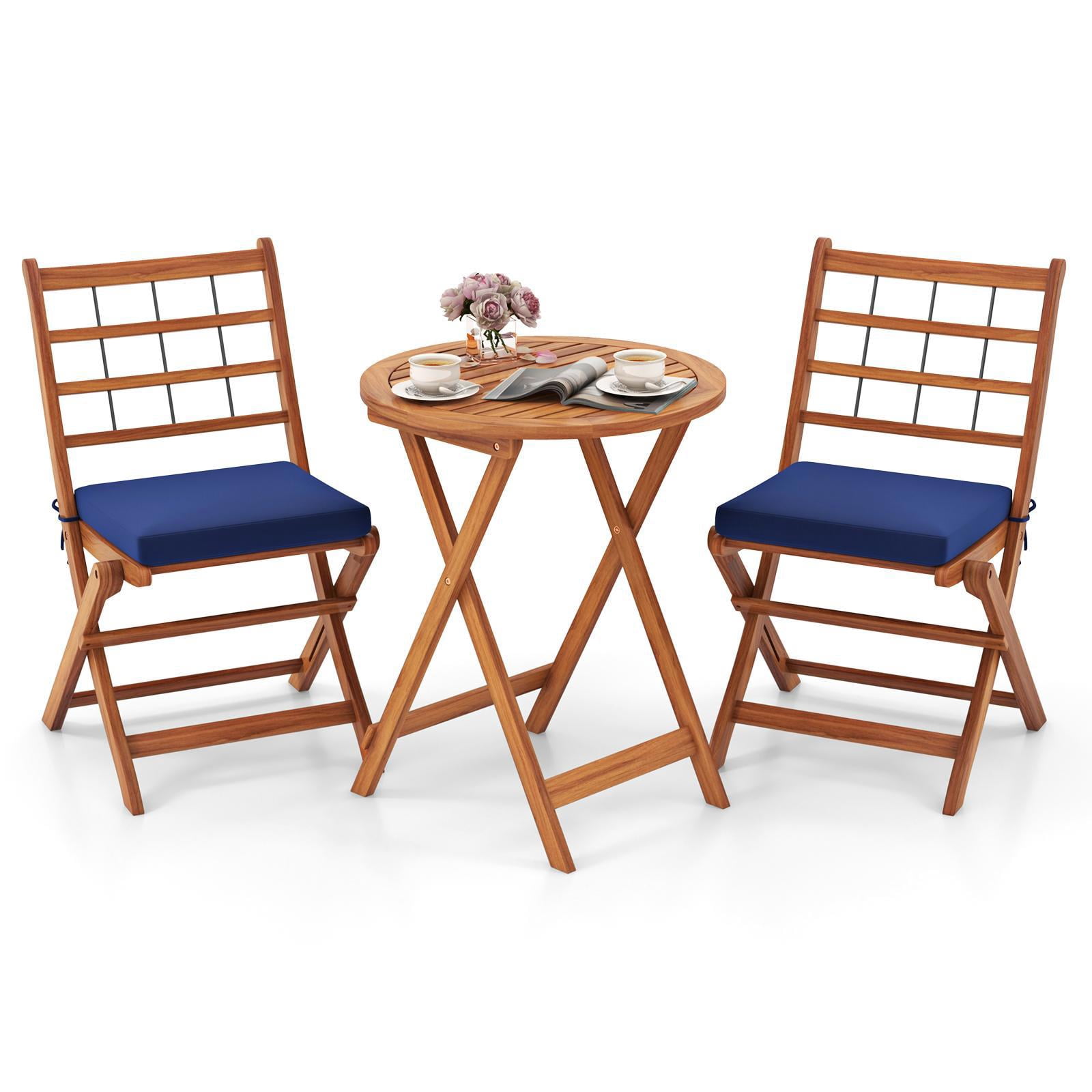 Hommoo 3 Pcs Acacia Wood Patio Bistro Set, Outdoor Folding Table and Chair Set with Navy Cushions