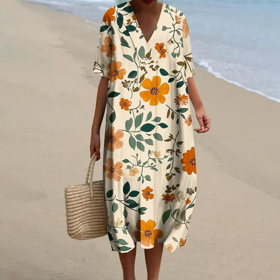 GaThRRgYP Casual Tiered Short Sleeve Dress,Womens Summer Pockets Printing Dresses Loose V-Neck Short Sleeve Dresses Orange S