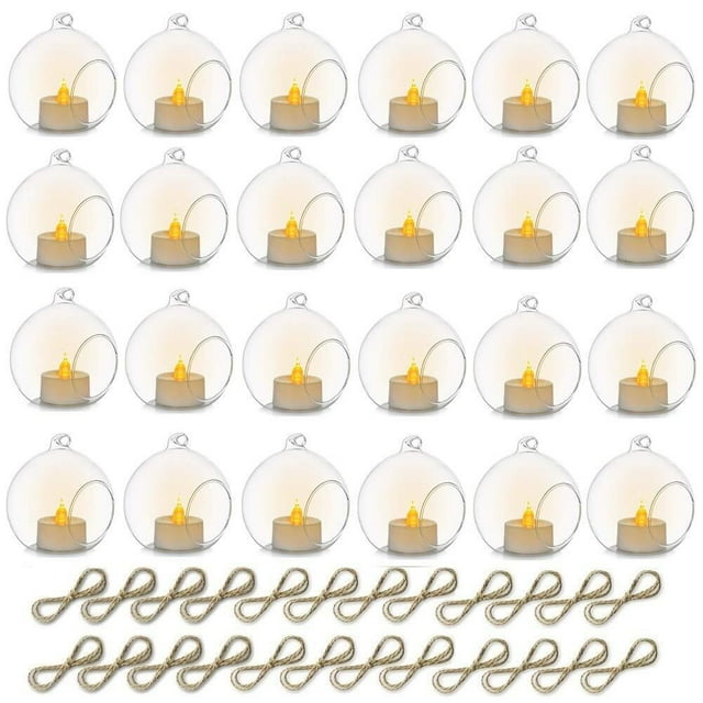 Portavelas de vidrio colgante de 8 cm con velas de luz LED, terrarios de vidrio para plantas, esferas para plantas aéreas, para decoración del hogar, interiores y exteriores, jardín (24 piezas)