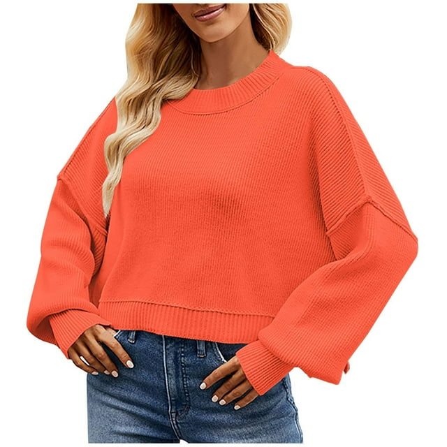 Yuzhih Chandails Courts Surdimensionnés pour Femmes Col Rond Manches Longues Hauts Automne Hiver Mode Tenue Courte