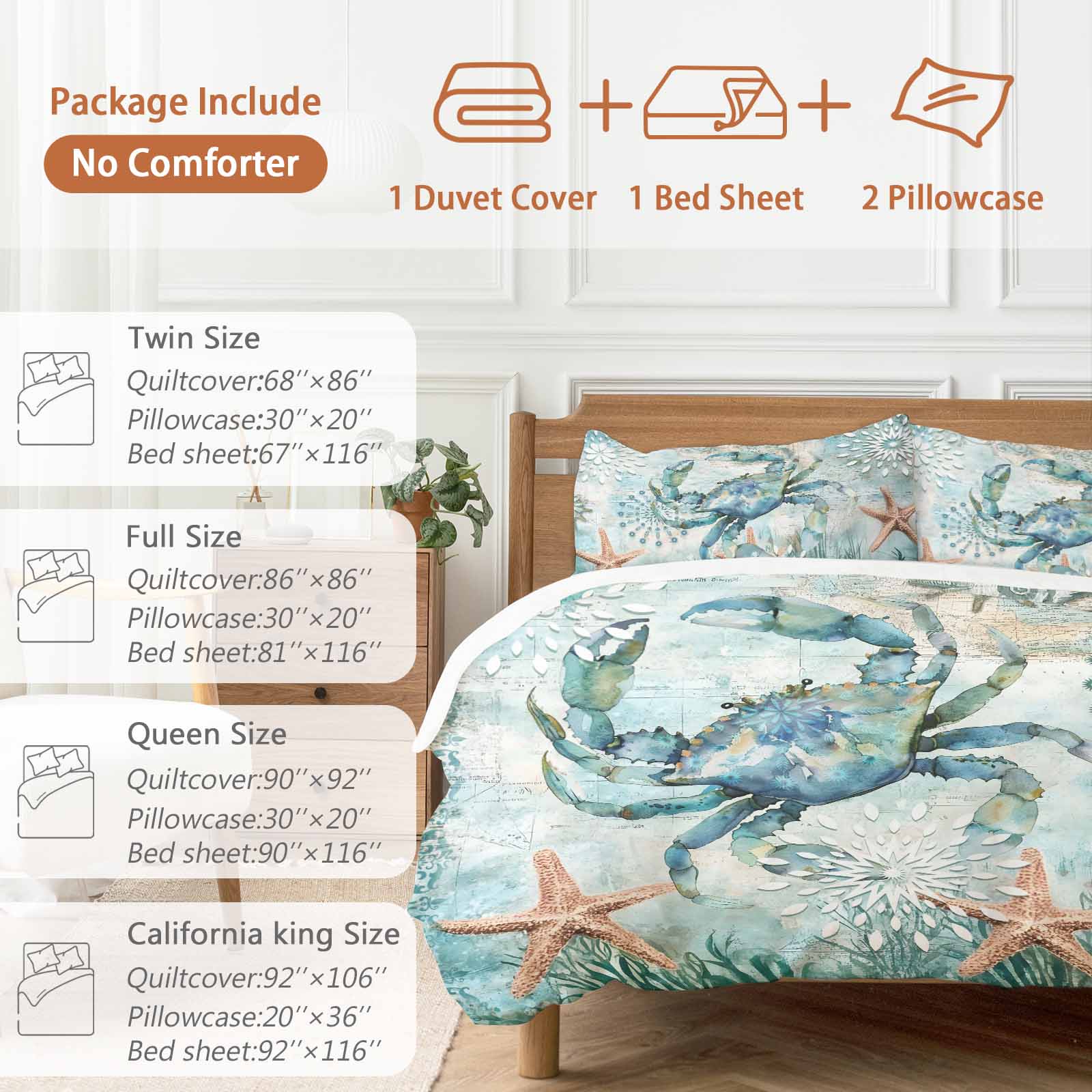 Retro Sea Crabs Bedding Duvet Cover Set Twin Size 4 Pieces Sea Stars Corals Ocean Animals Bedding Set with Zipper Closure, 1 Comforter Cover 68x86 Inches 1 Flat Sheet & 2 Pillow Cases