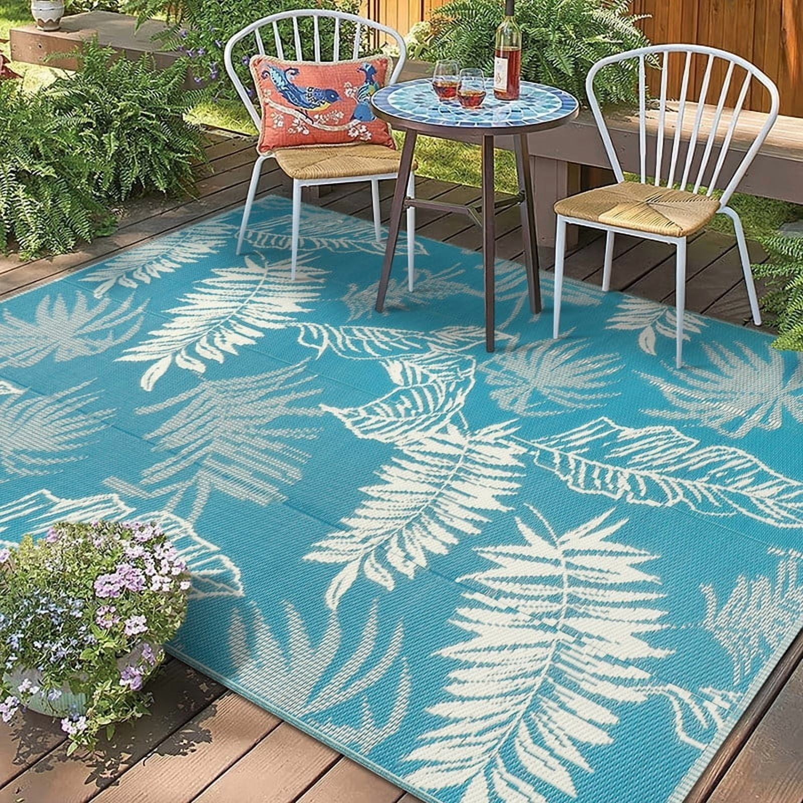 Aonewoe Outdoor Plastic Straw Rug 8x10 Waterproof Patio Rug Reversible Indoor Outdoor Rugs Outside Carpet for RV, Picnic, Backyard, Deck, Balcony, Porch, Beach, Blue & White