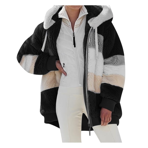 Manteaux d'Hiver pour Femmes Veste en Fausse Sherpa en Molleton à Fermeture Éclair Chandail à Capuchon Surdimensionné à Blocs de Couleur Chandail à Capuchon Duveteux en Peluche
