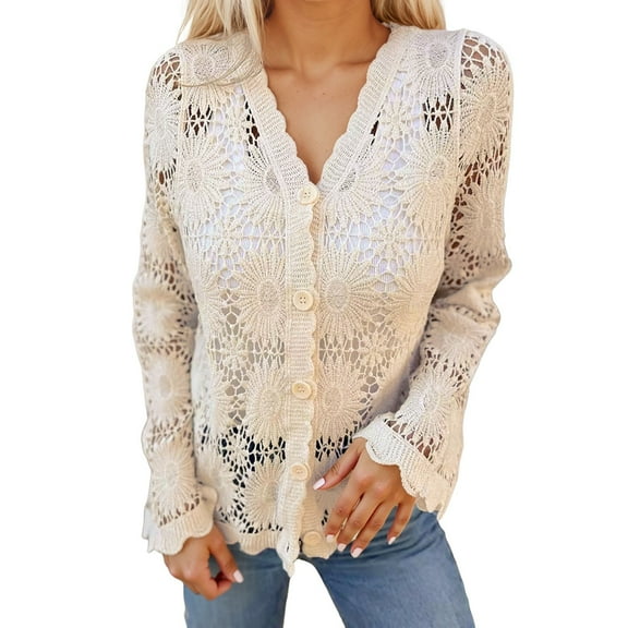 Cardigan Women Crochet Lace Hollow Out Button Front V Neck Long Sleeve Knit Crop Sweater Top Outfits Clothes