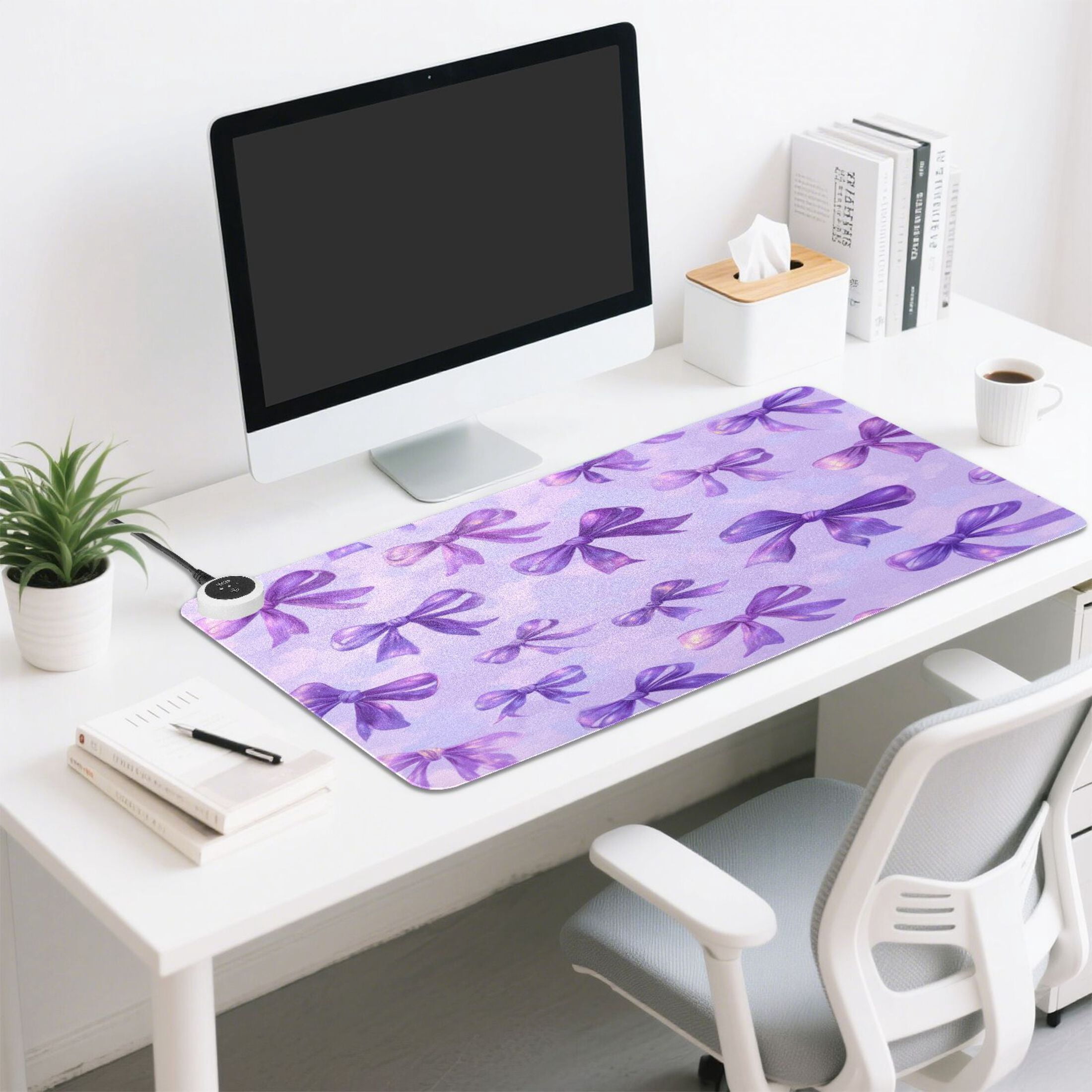 Large Heated Desk Mat Mouse Pad 31.5"x13"PU Leather Graphene Heating Desk Warmer with 3 Temperature Settings 110V US Plug Non-Slip Warm Pad for Home, Office, and Gaming Vibrant Purple Bows Pattern