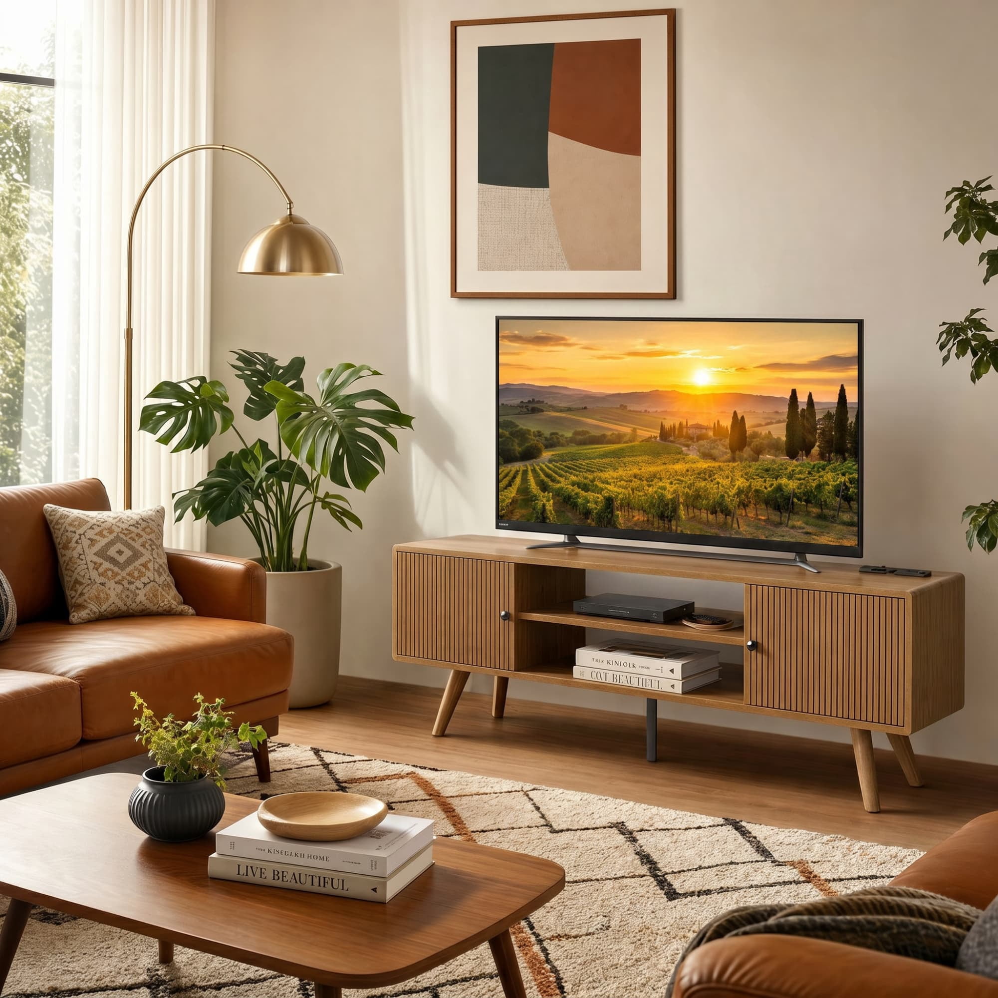 Manxile Mid Century Modern TV Console for Living Room Bedroom, Wood Entertainment Center with Storage and Shelves, Natural