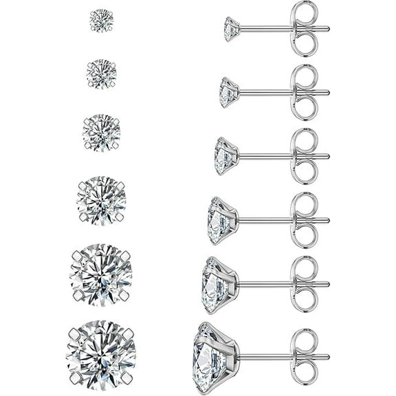 Cterwk 6 Pairs Stud Earrings Set 3-8mm Cubic Zirconia Earrings 316L Stainless Steel Earrings, Gold