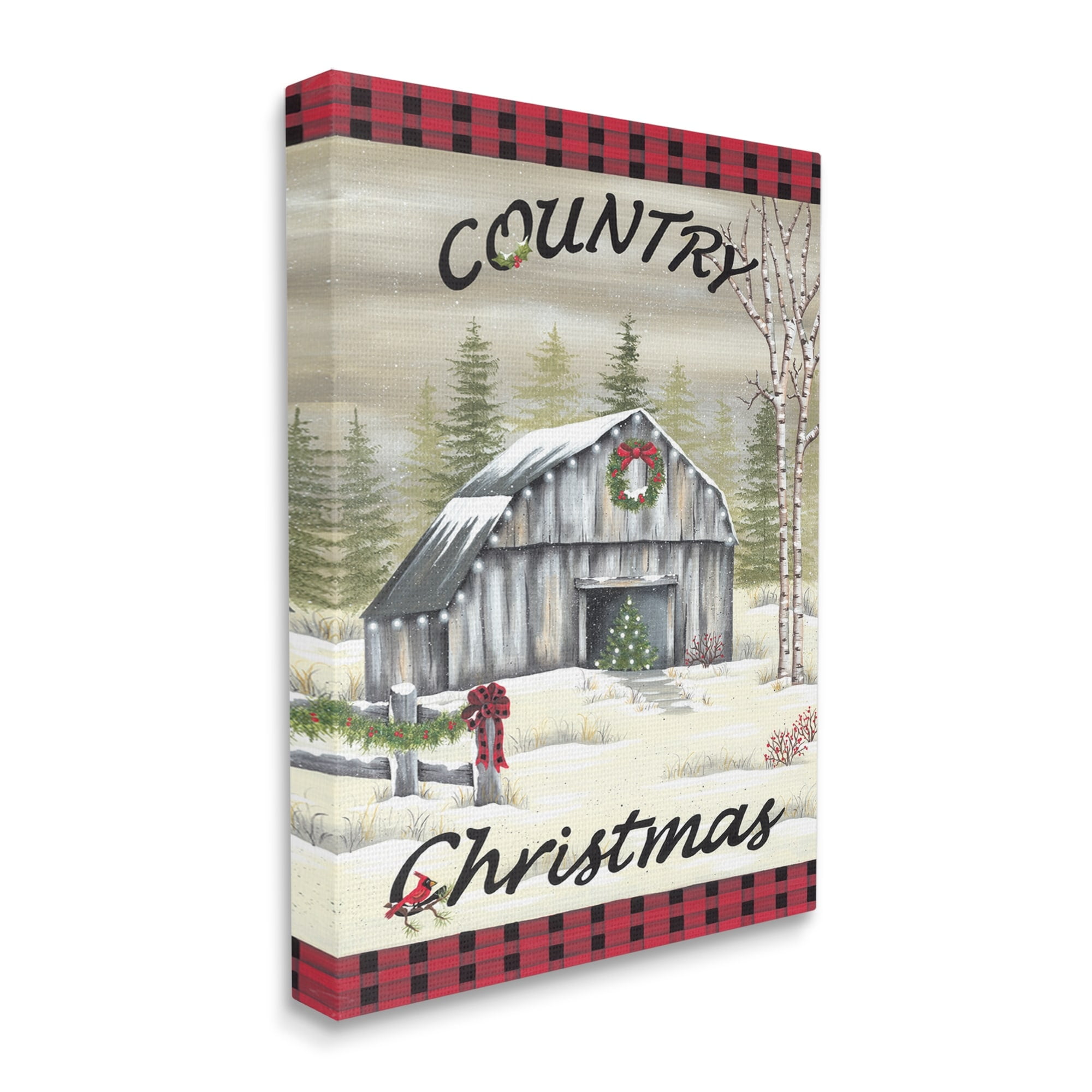 Country Christmas Festive Snowy Farmland Tartan Border Inspirational Graphic Art Gallery-Wrapped Canvas Print Wall Art