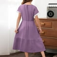 thumbnail image 3 of Odeerbi Teen Girls Summer Cotton Linen Tiered Dresses Children's Solid Color Round Neck Short Sleeve Spliced Lace Dress Teen Girls Clothes, 3 of 8