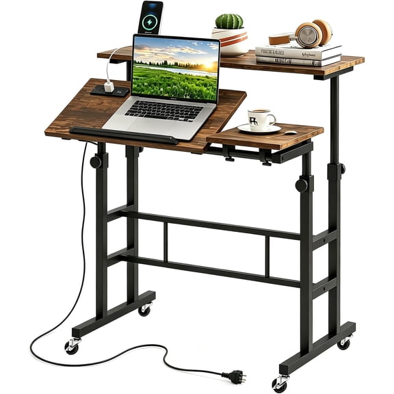 Alpinel Mobile Stand Up Desk, Rolling Laptop Cart Sit Stand Desk | Height Adjustable Home Office Desk with Standing & Seating 2 Modes, Tilting Tabletop & Flexible Wheels(Walnut)