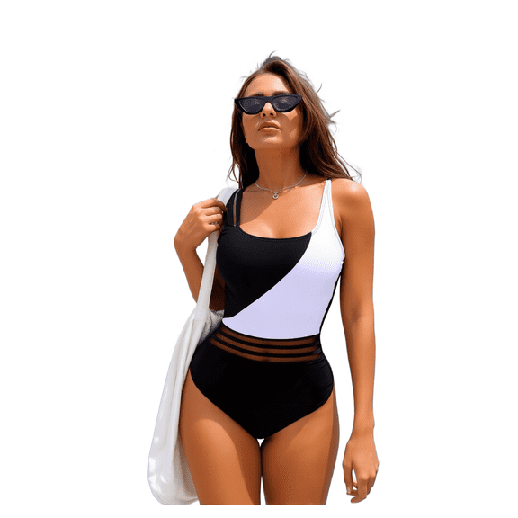 2026 New Women's Black White Color Block One-Piece Swimsuit with Sheer Mesh Panel, Sexy Slim Fit Tummy Control Bathing Suit for Beach
