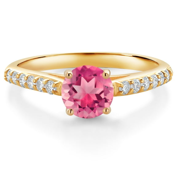 Gem Stone King 10K Yellow Gold Pink Mystic Topaz and White Lab Grown Diamond Engagement Ring for Women (1.68 Cttw, Gemstone, Round 6MM, Size 5)