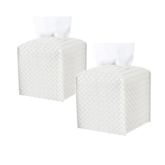 2 Pack Tissue Box Holder, Tissue Box Cover Square, PU Leather Tissues Cube Box Cover, Decorative Woven Facial Tissue Holder on Table and Bathroom (White Square)