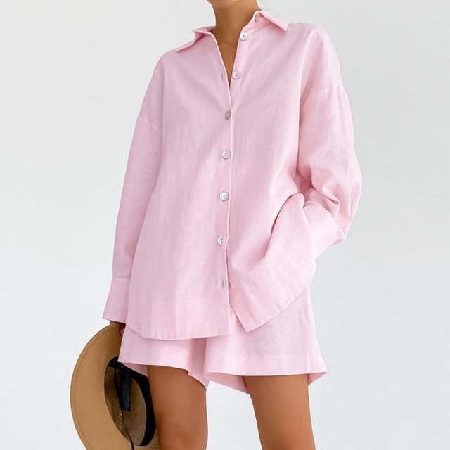 Pijamas de manga larga de verano europeos y americanos de algodón y lino para mujer, ropa de hogar holgada de moda, conjunto de dos piezas