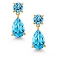 thumbnail image 2 of Gem Stone King 18K Yellow Gold Plated Silver Swiss Blue Topaz Earrings for Women | 9.46 Cttw | Gemstone November Birthstone | Pear Shape 12X8MM, 2 of 4