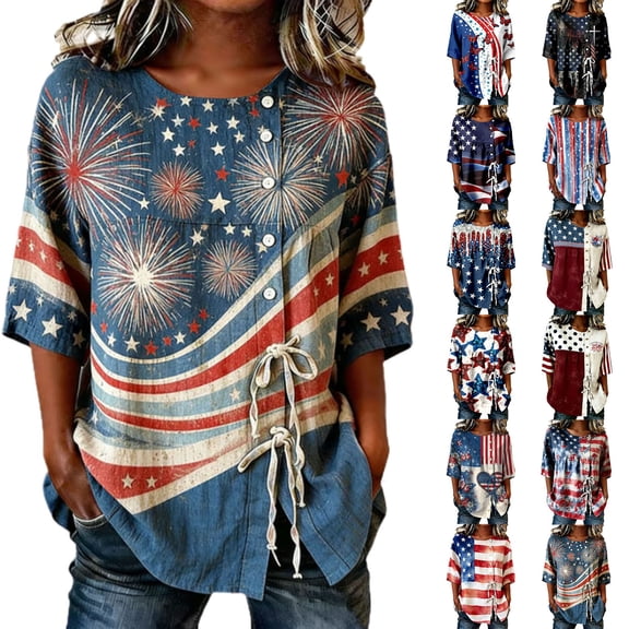 DHFJKG 4Th Of July Shirts For Women Linen Half Sleeve Lace Up T Shirt Independence Day Loose Fit Stylish Tops