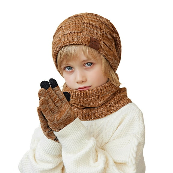 SUXIAN Children's Winter Scarf Set for Ages 4-10 Hat Gloves Bib Khaki One Size