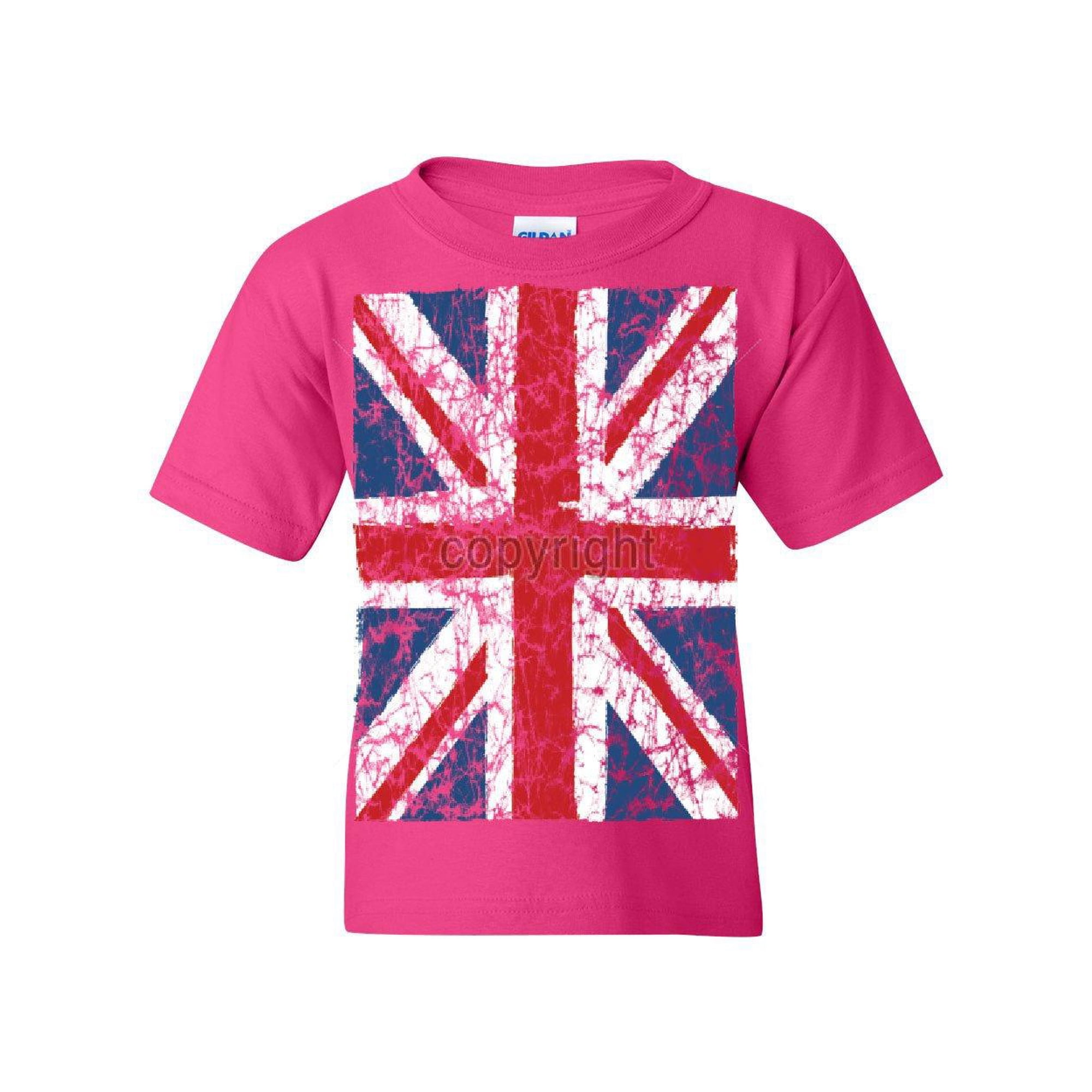 Tee Hunt Union Jack Youth T-Shirt United Kingdom Distressed British Flag Kids Tee Pink Small